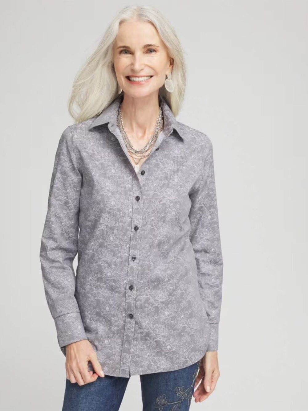 Chico's No Iron™ Grey Floral Striped Floral Jacquard Shirt Size‎ Medium